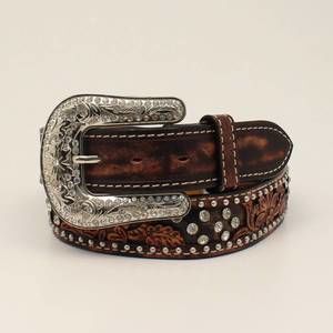 NEW ANGEL RANCH women's tooled overlay crystal belt in brown
